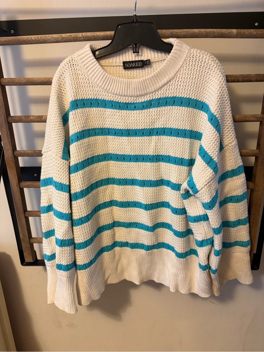 Soaked Cream Crewneck Sweater with Teal Stripes